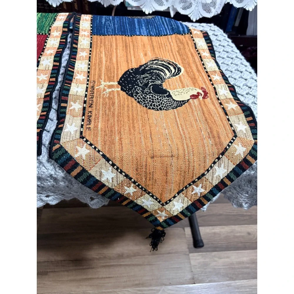 Warren Kimble Rooster Tapestry Table Runner Folk Art Farmhouse Star and Tassel